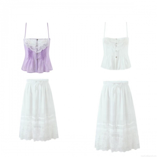 Women's Summer Lace Patchwork Camisole And Hollow Out Skirt Set Western Style Tencel Polyester Blend Top With Drawstring Maxi Skirt Two Piece Outfit