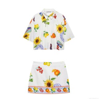 Women's Two Piece Set Sicilian Fruit Print Short Sleeve Shirt and A-Line Mini Skirt Summer Beach Holiday Streetwear 100% Polyester Outfits