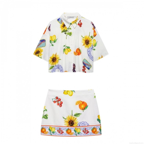 Women's Two Piece Set Sicilian Fruit Print Short Sleeve Shirt and A-Line Mini Skirt Summer Beach Holiday Streetwear 100% Polyester Outfits