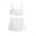 Women's Casual Lace Patchwork Two-Piece Set Polyester Bow Strap Crop Top And Mini Bubble Skirt Street Style Summer White Outfits For Vacation Party