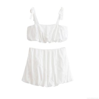 Women's Casual Lace Patchwork Two-Piece Set Polyester Bow Strap Crop Top And Mini Bubble Skirt Street Style Summer White Outfits For Vacation Party