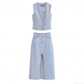 Women's 2-Piece Denim Set Light Blue Washed Polyester Vest And Front Slit Midi Skirt Streetwear Casual Sleeveless Top High Waist Denim Skirt Outfit For Summer Spring