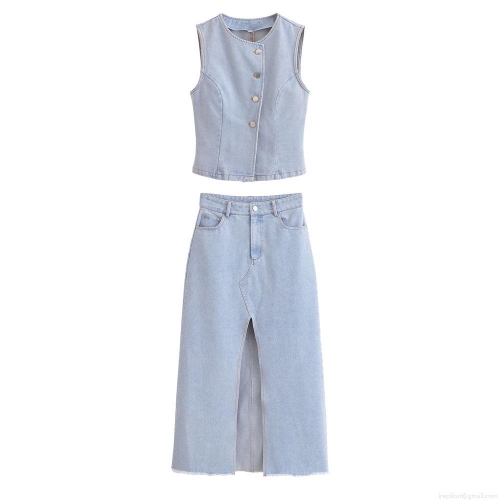 Women's 2-Piece Denim Set Light Blue Washed Polyester Vest And Front Slit Midi Skirt Streetwear Casual Sleeveless Top High Waist Denim Skirt Outfit For Summer Spring