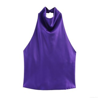 Women's Elegant Purple Satin Two Piece Set Halter Neck Sleeveless Backless Top and Ruched High Slit Midi Skirt Polyester Solid Color Streetwear Party Outfit