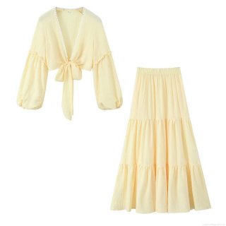 Women's 2 Piece Skirt Set Seersucker Polyester Crepe Bow Tie Back Lantern Sleeve Crop Top Tiered Cake Long Skirt Streetwear Summer Casual Outfit