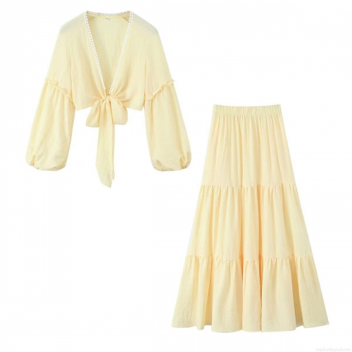 Women's 2 Piece Skirt Set Seersucker Polyester Crepe Bow Tie Back Lantern Sleeve Crop Top Tiered Cake Long Skirt Streetwear Summer Casual Outfit