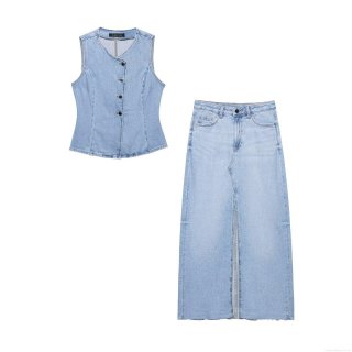 Women's Light Blue Denim Vest and Long Skirt Set Casual Streetwear 100% Cotton Denim Sleeveless Button Top with Side Slit Frayed Hem Maxi Skirt Two Piece Outfits