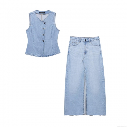 Women's Light Blue Denim Vest and Long Skirt Set Casual Streetwear 100% Cotton Denim Sleeveless Button Top with Side Slit Frayed Hem Maxi Skirt Two Piece Outfits