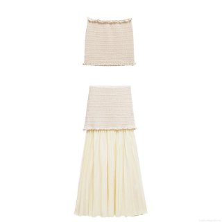 Women's Summer Two-Piece Knit Tube Top And Pleated Skirt Set Mercerized Cotton Polyester Patchwork Ruffle Hem Streetwear Outfits