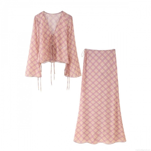 Women's 2 Piece Gingham Print Mesh Set Sexy V Neck Tie Front Long Sleeve Top And Tie Side Midi Skirt Streetwear Summer Outfits