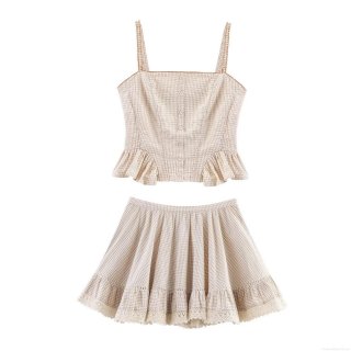 Women's Casual Plaid Sleeveless Top and Skirt Set Sweet Lace Trim Ruffle Camisole Backless Pleated Mini Skirt Two Piece Outfits For Summer Dating Women