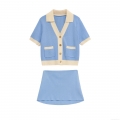 Women's Contrast Color Knit Two-Piece Set Polyester Short Sleeve Button Cardigan Top and Mini Skirt Suit Preppy Streetwear Summer Outfit