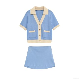 Women's Contrast Color Knit Two-Piece Set Polyester Short Sleeve Button Cardigan Top and Mini Skirt Suit Preppy Streetwear Summer Outfit