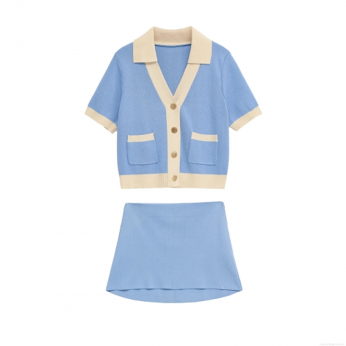 Women's Contrast Color Knit Two-Piece Set Polyester Short Sleeve Button Cardigan Top and Mini Skirt Suit Preppy Streetwear Summer Outfit