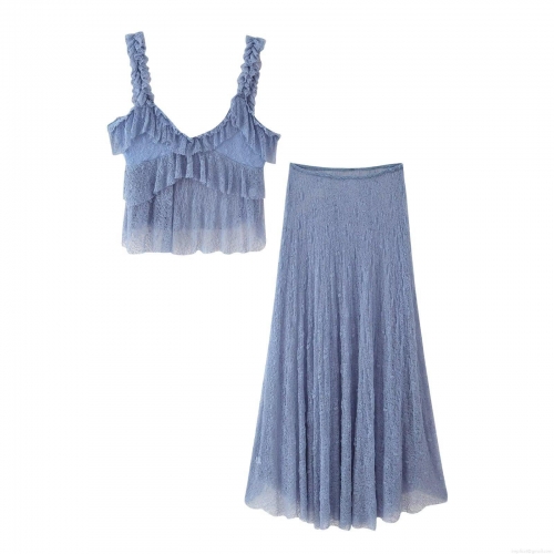 Women's Lace Two Piece Skirt Set Ruffle Cami Crop Top And Maxi Skirt Bohemian Summer Beach Vacation Outfits Streetwear For Women