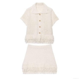 Women's Crochet Knit Two Piece Skirt Set Tassel Hollow Out Short Sleeve Button Down Cardigan Top And Mini Skirt Boho Beach Vacation Outfit