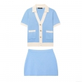 Women Two Piece Knit Skirt Set Contrast Color Short Sleeve Cardigan And Mini Skirt Summer Streetwear Outfits Polyester Knitting Two Piece Set