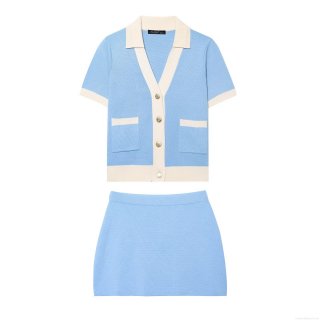 Women Two Piece Knit Skirt Set Contrast Color Short Sleeve Cardigan And Mini Skirt Summer Streetwear Outfits Polyester Knitting Two Piece Set