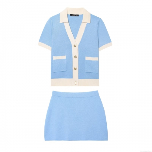 Women Two Piece Knit Skirt Set Contrast Color Short Sleeve Cardigan And Mini Skirt Summer Streetwear Outfits Polyester Knitting Two Piece Set
