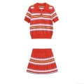 Women's Knitted Two-Piece Set Stripe Polo Shirt and Pleated Skirt Set Multicolor Striped Polyester Knit Streetwear Co-ords for Women