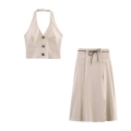 Women's Linen Cotton Halter Vest and Midi Skirt 2-Piece Summer Set With Belt Elegant Sleeveless Top and A-Line Skirt Solid Color Beach Streetwear Outfit