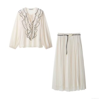 Women's 2-Piece Elegant Skirt Set Chiffon Contrast Piping Ruffle Long Sleeve Shirt And Pleated Midi Skirt With Belt Cream White Spring Outfit
