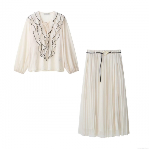 Women's 2-Piece Elegant Skirt Set Chiffon Contrast Piping Ruffle Long Sleeve Shirt And Pleated Midi Skirt With Belt Cream White Spring Outfit