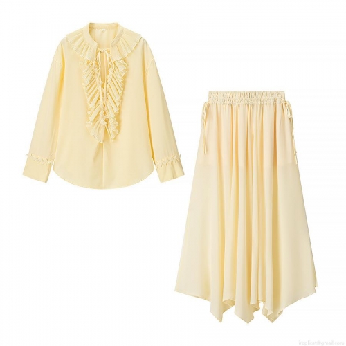 Women's 2-Piece Set Elegant Pale Yellow Ruffle Stand Collar Long Sleeve Shirt and Irregular Pleated Maxi Skirt Casual Streetwear Co-ord Set for Women