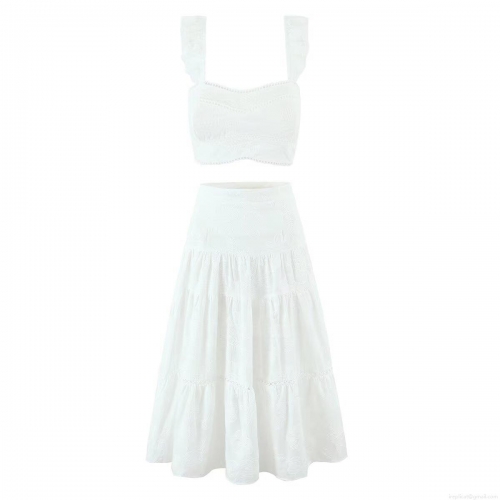 Women 2-Piece Summer Set French Style White Cotton Embroidery Ruffle Cami Top and Tiered Midi Skirt Set Elegant Sleeveless Vacation Outfit for Women