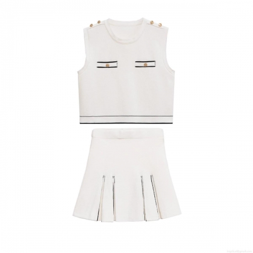 Women's Knit Skirt Set Elegant Sleeveless Vest And Pleated Mini Skirt Two Piece Suit With Contrast Trim Gold Buttons Acetate Polyester Outfits