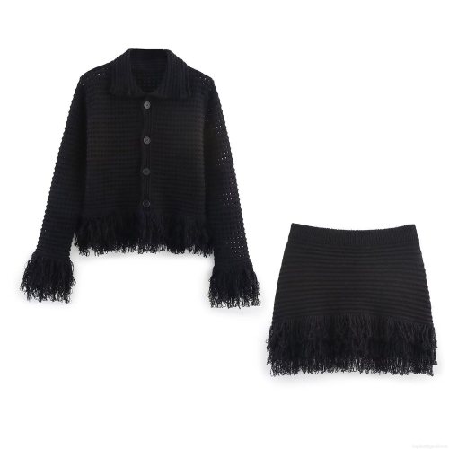 Western Style Women's Knitted Two-Piece Set With Tassel Fringe Long Sleeve Lapel Cardigan Jacket And High Waist Mini Skirt Black Streetwear Outfit