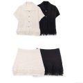 Women's Knitted Two Piece Set Lapel Short Sleeve Button Up Top And Fringe Mini Skirt Summer Hollow Out Crochet Streetwear Outfit
