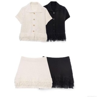 Women's Knitted Two Piece Set Lapel Short Sleeve Button Up Top And Fringe Mini Skirt Summer Hollow Out Crochet Streetwear Outfit