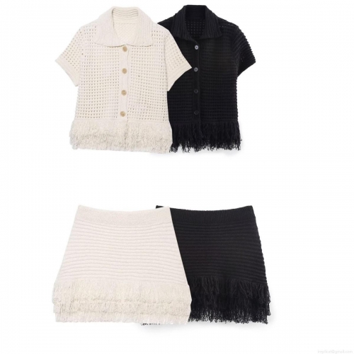 Women's Knitted Two Piece Set Lapel Short Sleeve Button Up Top And Fringe Mini Skirt Summer Hollow Out Crochet Streetwear Outfit