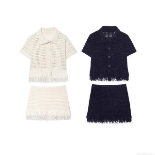 Women's Knitted Polyester 2 Piece Skirt Set With Hollow Out Crochet Short Sleeve Polo Top And Tassel Mini Skirt Summer Streetwear Party Outfit