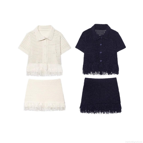 Women's Knitted Polyester 2 Piece Skirt Set With Hollow Out Crochet Short Sleeve Polo Top And Tassel Mini Skirt Summer Streetwear Party Outfit