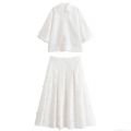 Women Summer White Fringe Tassel Shirt And High Waist Midi Skirt 2 Piece Set Elegant Textured Short Sleeve Top And A-Line Skirt Outfits