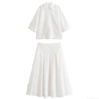 Women Summer White Fringe Tassel Shirt And High Waist Midi Skirt 2 Piece Set Elegant Textured Short Sleeve Top And A-Line Skirt Outfits