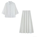 Women White 2-Piece Jacquard Skirt Set Short Sleeve Button Down Shirt and High Waist A-Line Midi Skirt with Tassel Details Summer Casual Streetwear Outfit