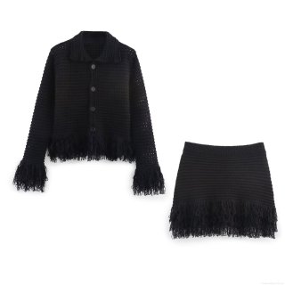 Women's 2-Piece Knitted Skirt Set Long Sleeve Fringe Tassel Cardigan And Mini Skirt Outfits Streetwear Black Polyester Soft Knit Suit For Women Party Club