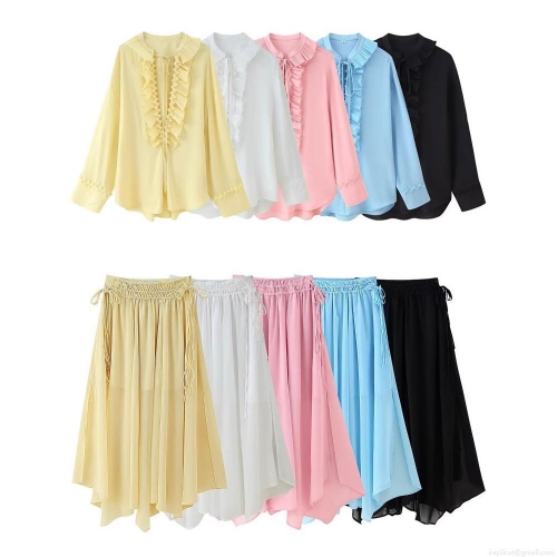 Women's Two Piece Set Chiffon Ruffle V-Neck Long Sleeve Shirt and Drawstring A-Line Maxi Skirt Casual Summer Outfits Elegant Streetwear Suit