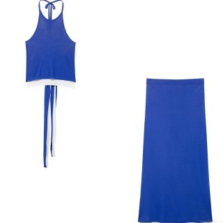 Women Summer Two Piece Knit Set Halter Neck Sleeveless Backless Crop Top And Pleated High Waist Straight Midi Skirt Royal Blue White Contrast Streetwear Outfits