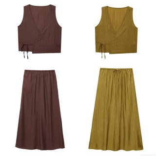 Women's Summer European V-Neck Sleeveless Tie-Up Short Top and Elastic High Waist Crinkle Maxi Skirt Two Piece Set Solid Color Casual Streetwear Outfit