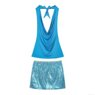 Women's Sexy 2 Piece Sequin Skirt Set Cowl Neck Backless Halter Top and Mini Sequin Skirt Sparkly Nightclub Party Summer Outfits