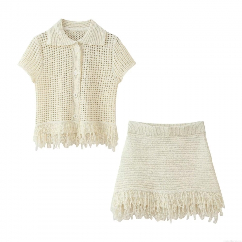 Women's 2 Piece Knitted Crochet Skirt Set Short Sleeve Hollow Out Button Cardigan Top With Fringe Mini Skirt Chic Summer Streetwear Outfit