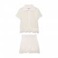 Women's 2025 Summer Crochet Knit Two Piece Set Polyester Tassel Fringe Short Sleeve Cardigan Polo Top and High Waist Mini Skirt Outfit Streetwear Cream White