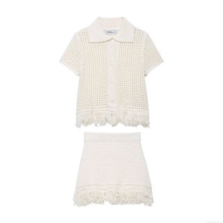 Women's 2025 Summer Crochet Knit Two Piece Set Polyester Tassel Fringe Short Sleeve Cardigan Polo Top and High Waist Mini Skirt Outfit Streetwear Cream White