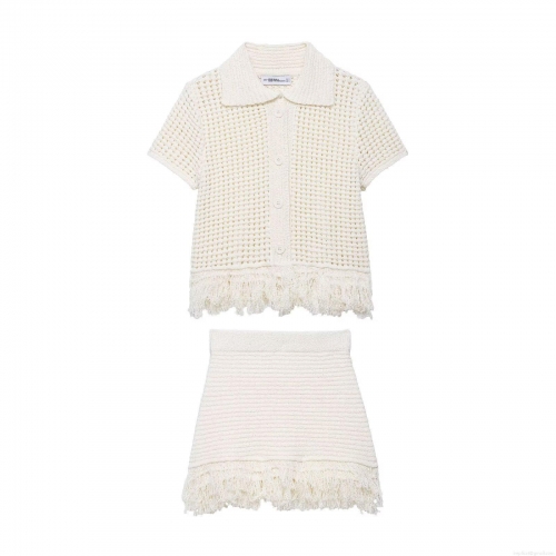 Women's 2025 Summer Crochet Knit Two Piece Set Polyester Tassel Fringe Short Sleeve Cardigan Polo Top and High Waist Mini Skirt Outfit Streetwear Cream White