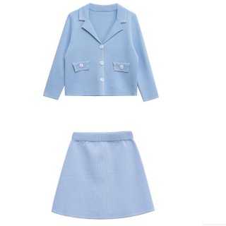 Women's 2 Piece Knit Set Sky Blue Lapel Button Up Cardigan Jacket And A-Line Mini Skirt With Contrast Stitching Pockets Casual Autumn Streetwear Outfit