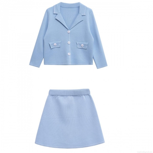 Women's 2 Piece Knit Set Sky Blue Lapel Button Up Cardigan Jacket And A-Line Mini Skirt With Contrast Stitching Pockets Casual Autumn Streetwear Outfit